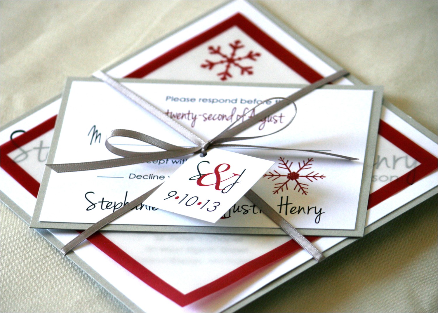 whimsical winter wedding red white silver invitations
