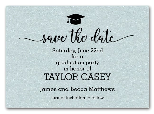 grad hat on aqua save the date cards