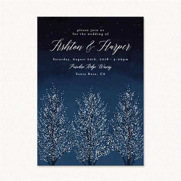 winter themed wedding invites with shimmering snowy winter trees