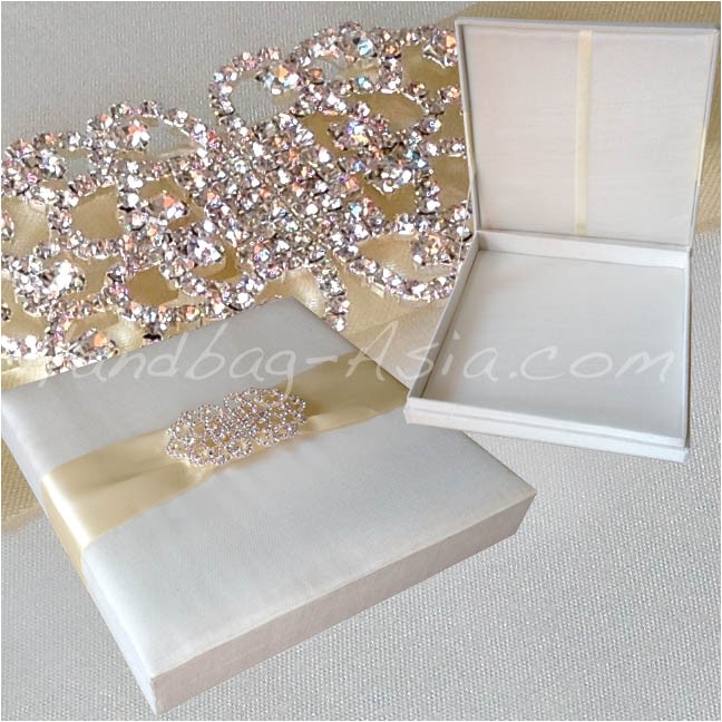 luxury ivory silk wedding box with large crystal brooch