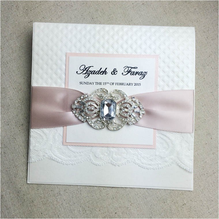 luxury big rhinestone brooch embossed lace wedding invitations p 3416
