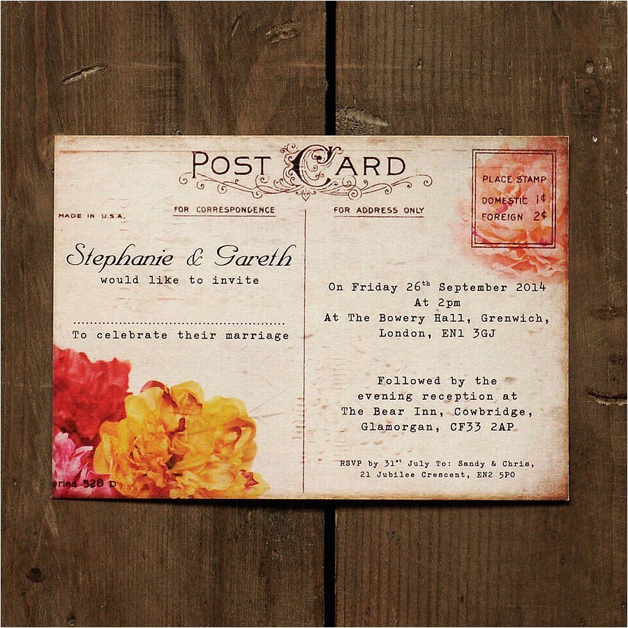 floral vintage postcard wedding invitation