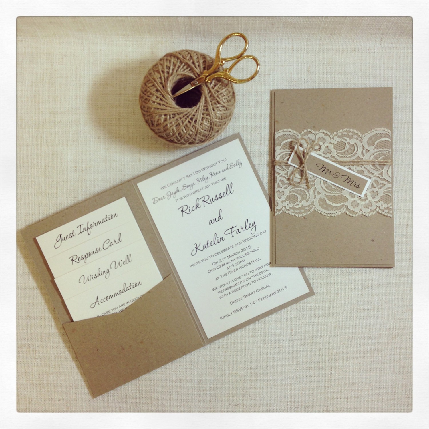 rustic lace wedding invitation sample