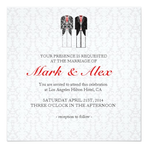 gray white red same sex couples wedding invite invitation 161538179538950229