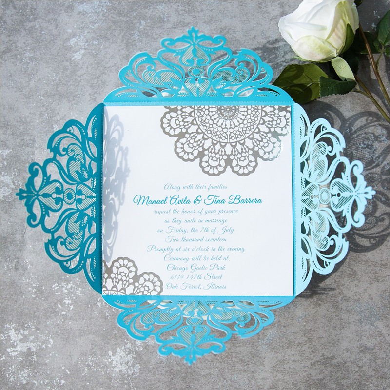 modern tiffany blue laser cut silver foil lace wedding invitations