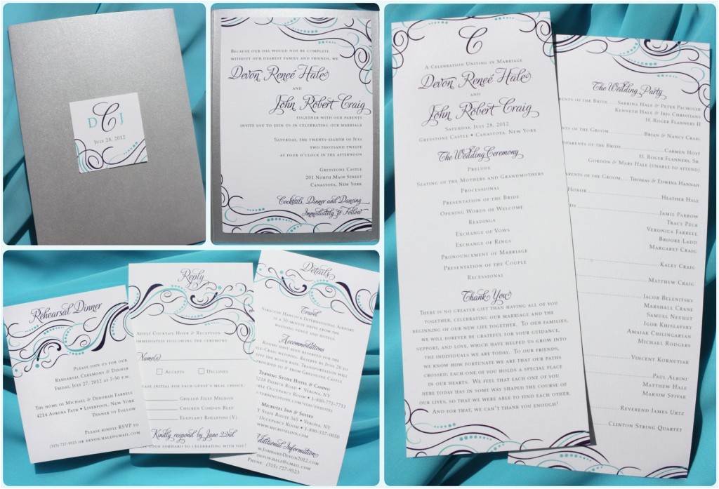 turquoise purple silver swirls dots pocketfold wedding invitations