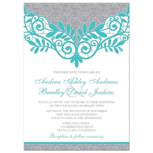 turquoise silver wedding invitation silver grey and turquoise lace