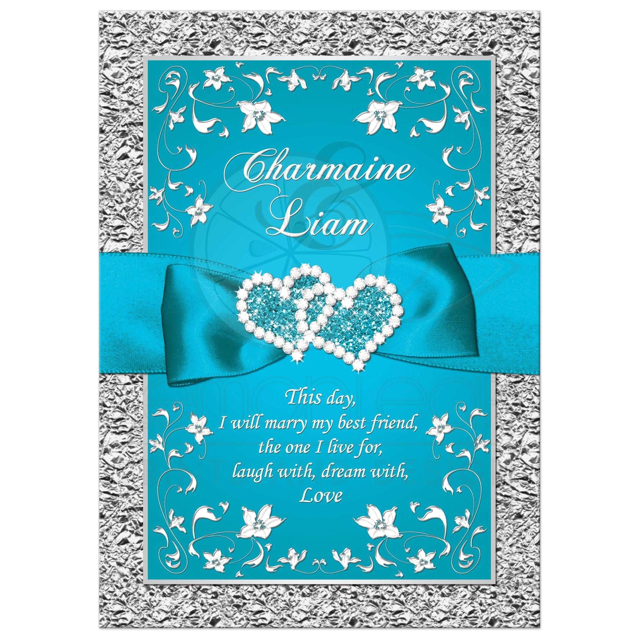 wedding invitation turquoise silver floral faux silver foil double hearts en