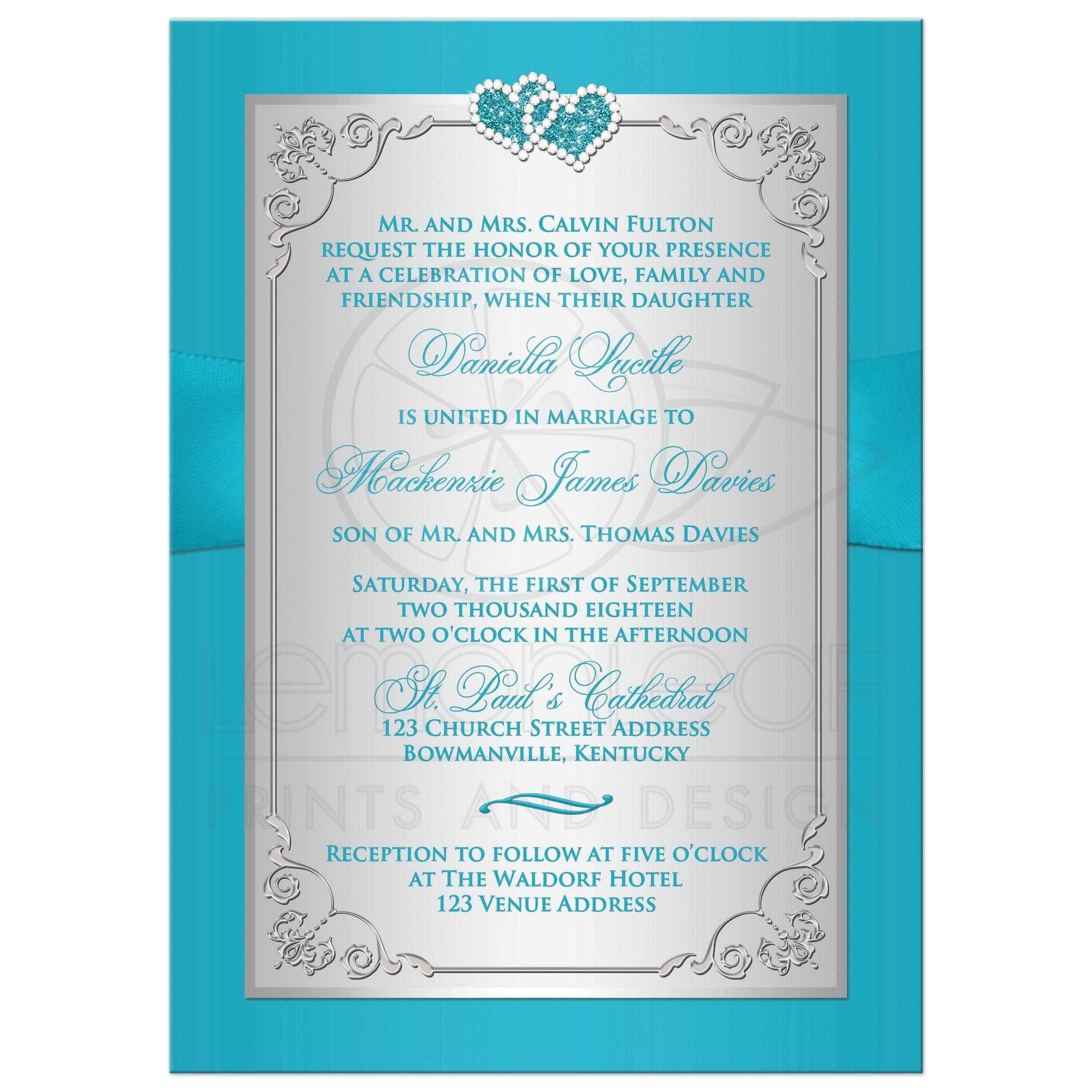 wedding invitation turquoise silver floral printed ribbon joined jeweled hearts