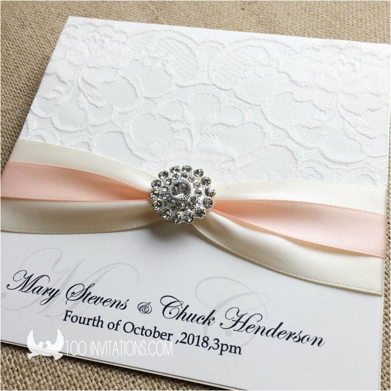elegant lace wedding invitation with double ribbons and rhinestone button p 3371