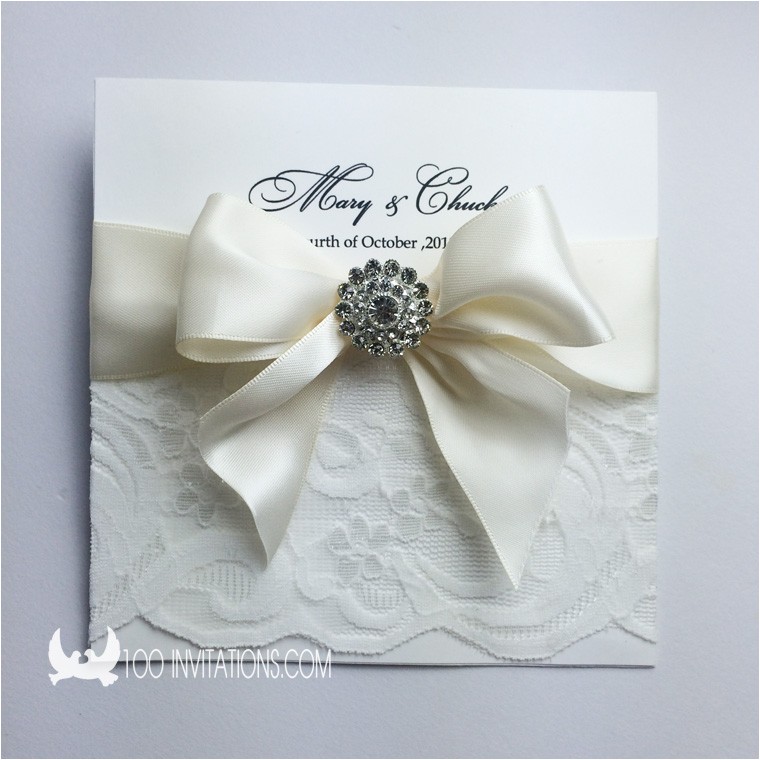 elegant lace wedding invitation with ribbon bow rhinestone brooch p 3383