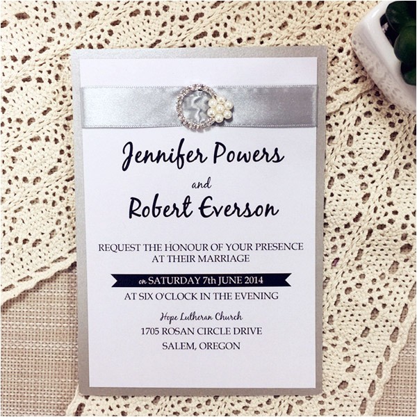 traditional silver ribbon pearl rhinestone buckle layered wedding invitation ewli003