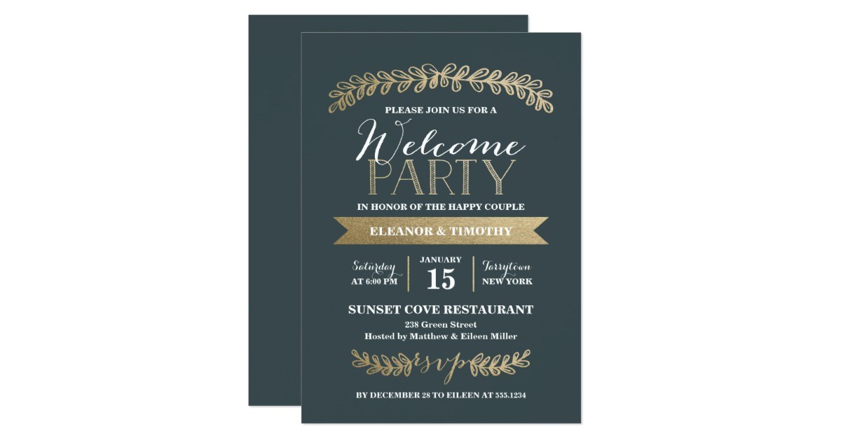 gold laurels slate wedding welcome party invite 256805165082626008