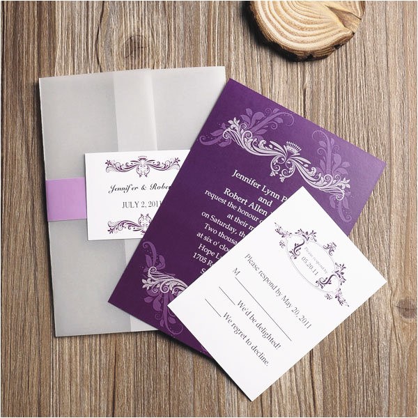 affordable vintage purple vellum paper pocket wedding invitations ewpi063