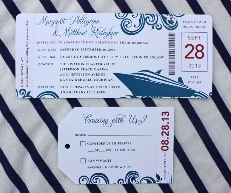red blue swirl yacht cruise boarding pass wedding invitations