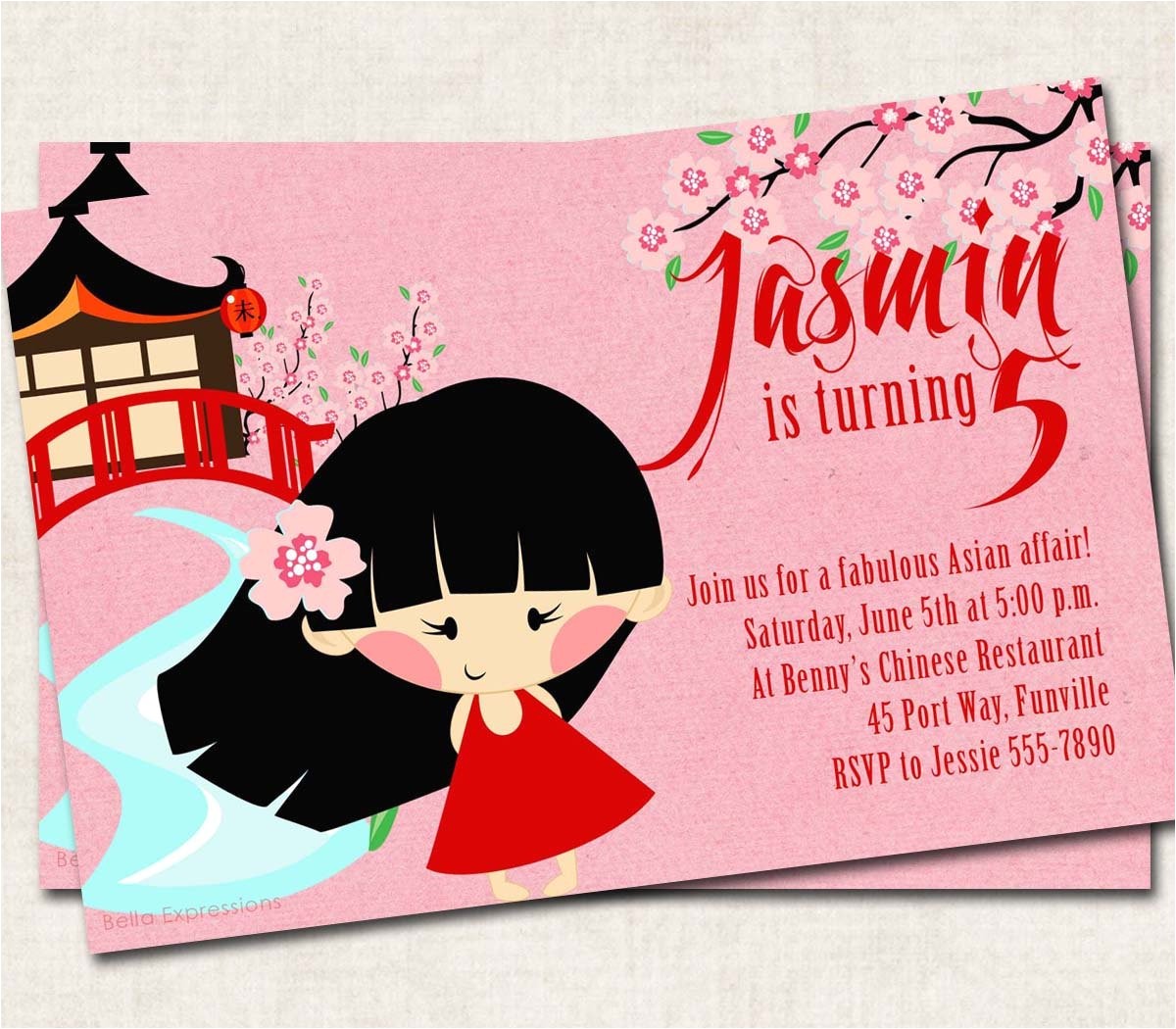 asian birthday party invitation pink red