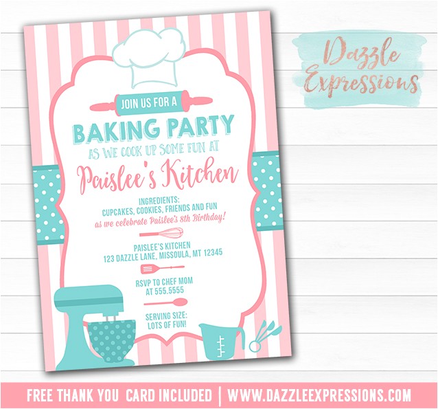 baking party invitation 1 free thank you card included