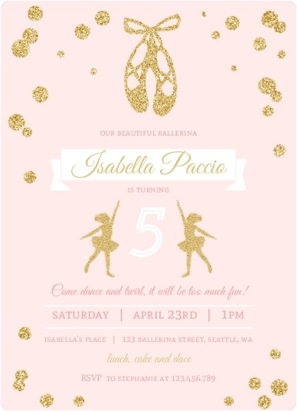 pink and gold ballerina birthday party invitation