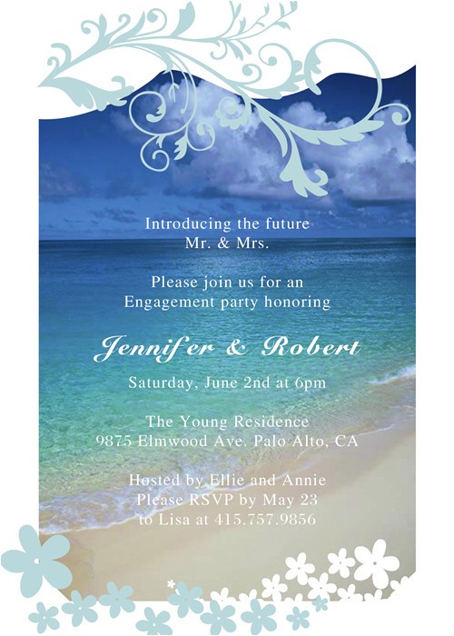 Beach themed Engagement Party Invitations Seaside Blue Beach theme Engagement Party Invitation Cards