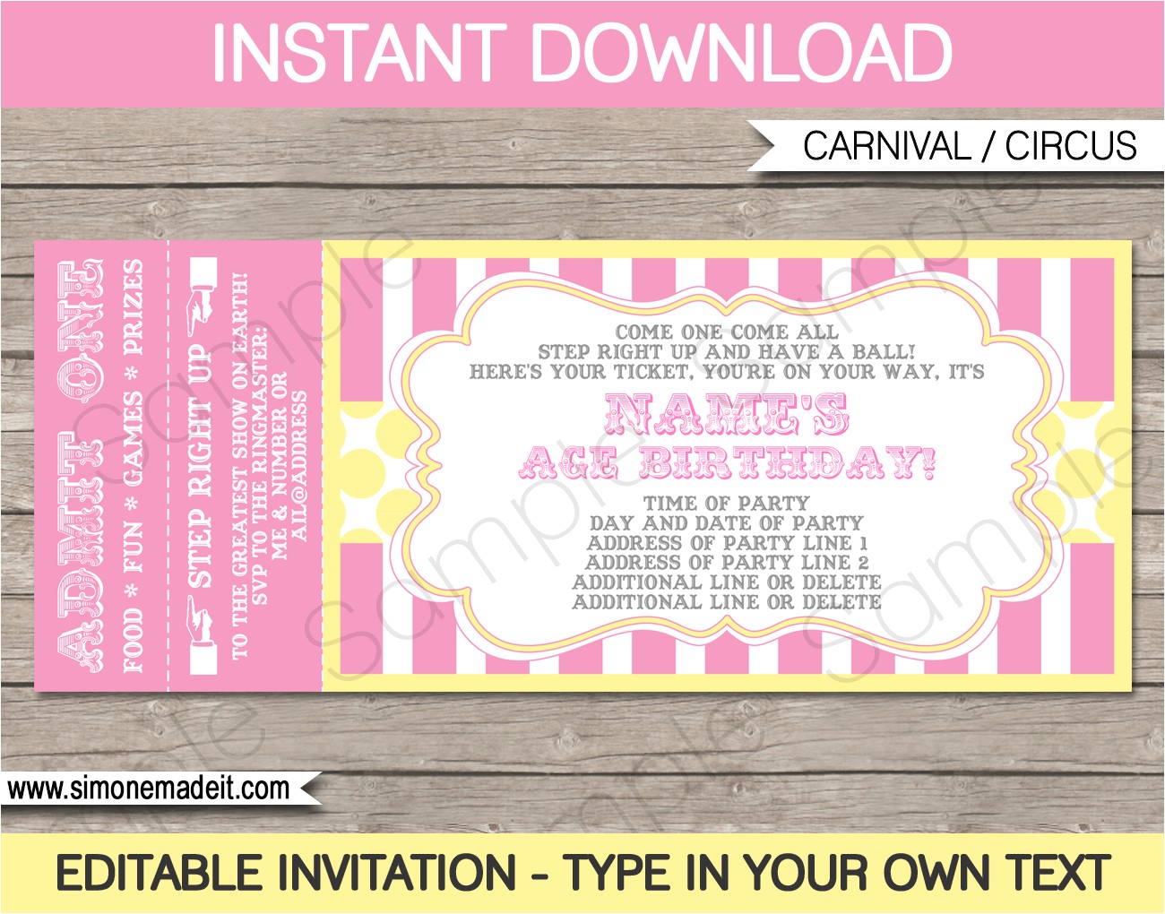 carnival birthday ticket invitations template