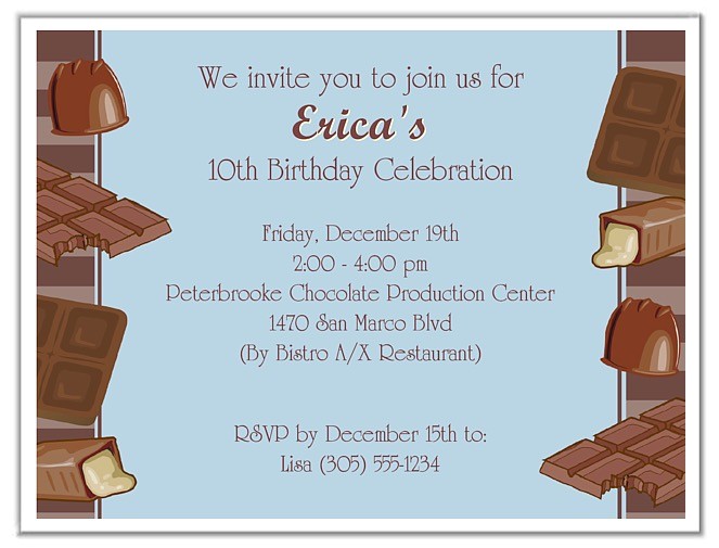 chocolate themed birthday party invitations blue