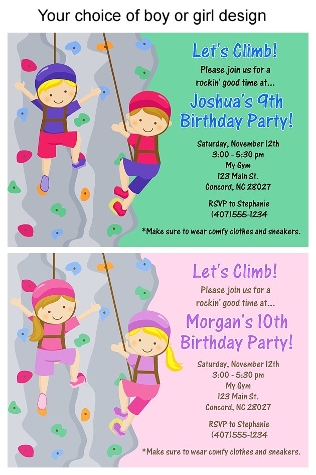 rock wall climbing birthday party invitations