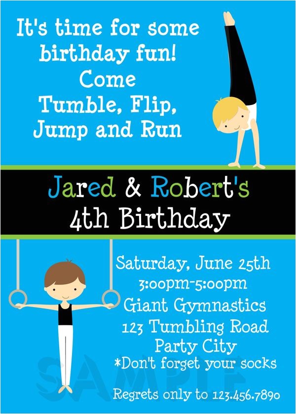 twin boys gymnastics birthday invitation