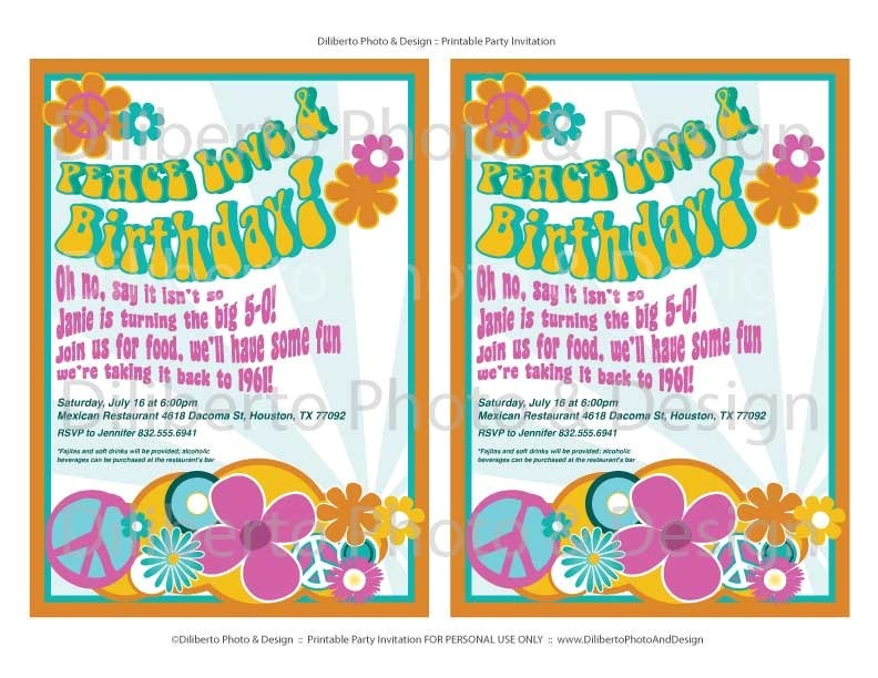 printable party invitation hippie 1960s