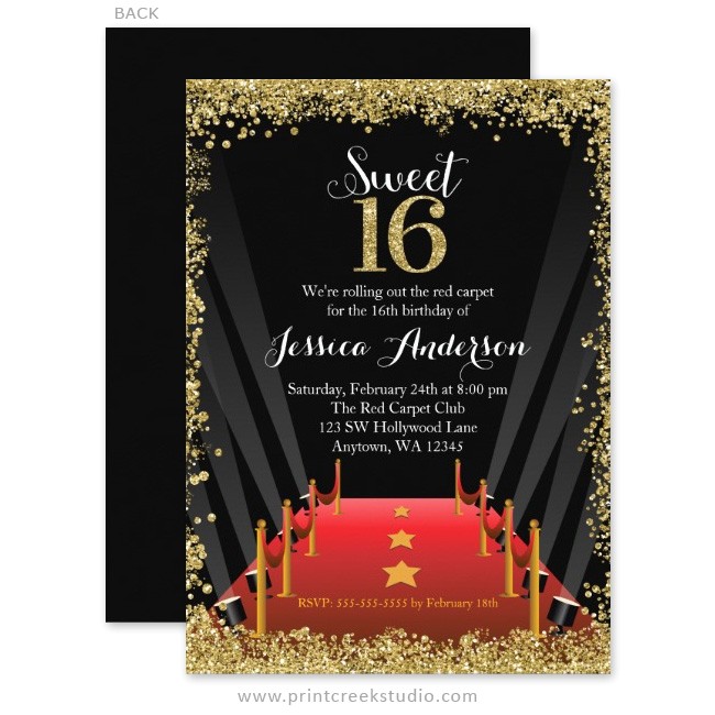 red carpet hollywood glitter sweet 16 birthday invitations