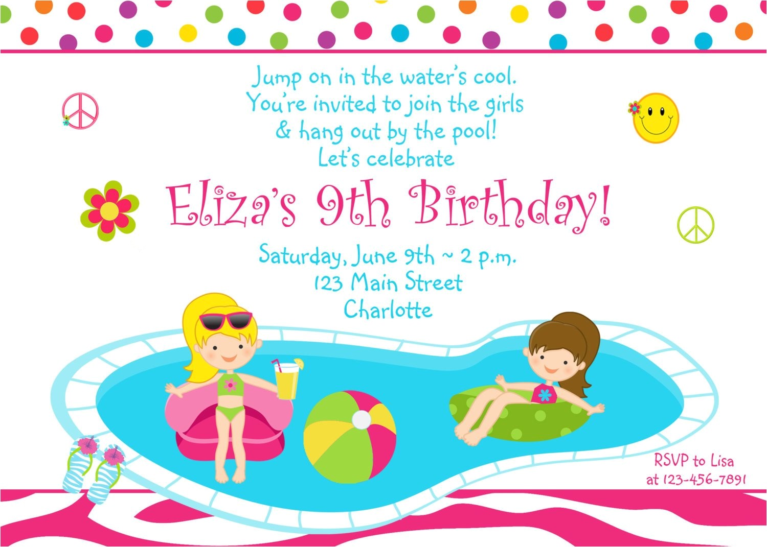 pool party birthday invitation girls
