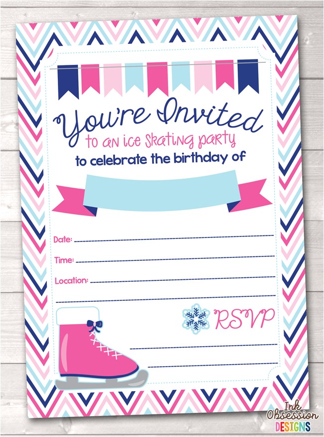 pink ice skating party printable birthday party invitation