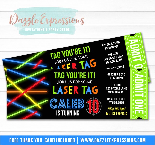 laser tag ticket invitation free thank you card included