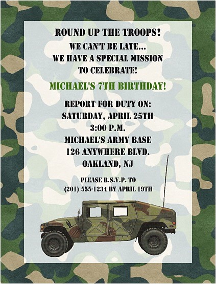 camouflage military army birthday party invitations