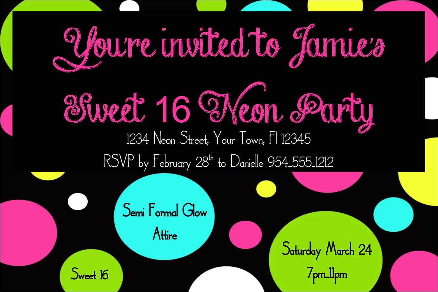 neon sweet 16 birthday invitation