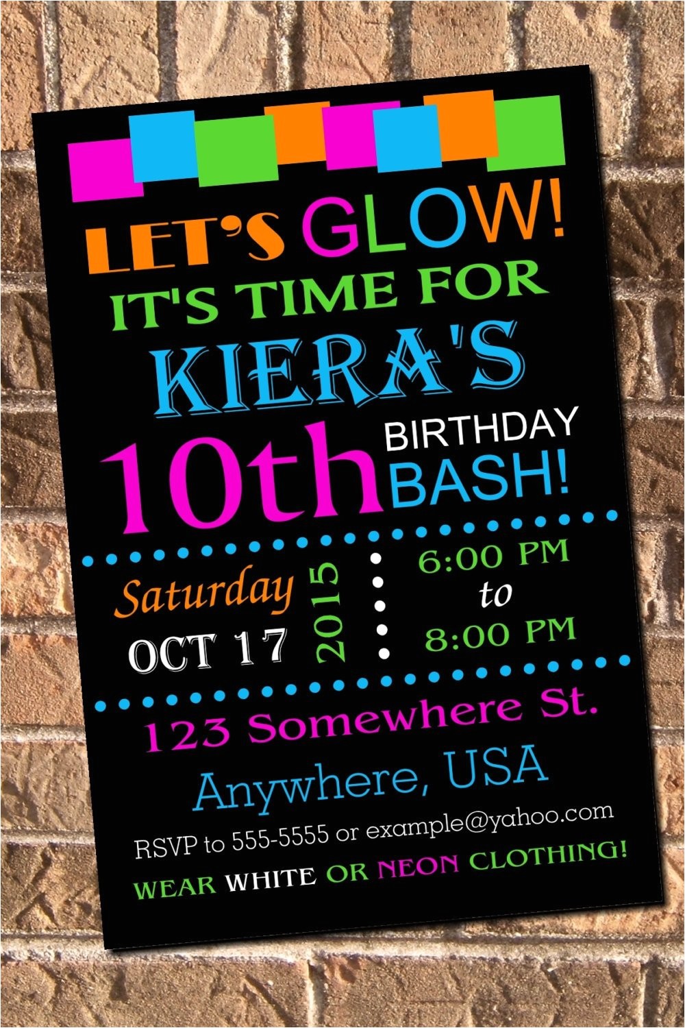 glow neon birthday party invitation with