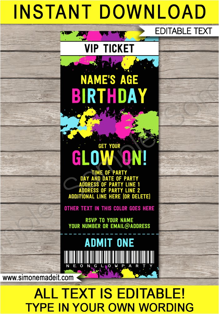 neon glow party ticket invitation