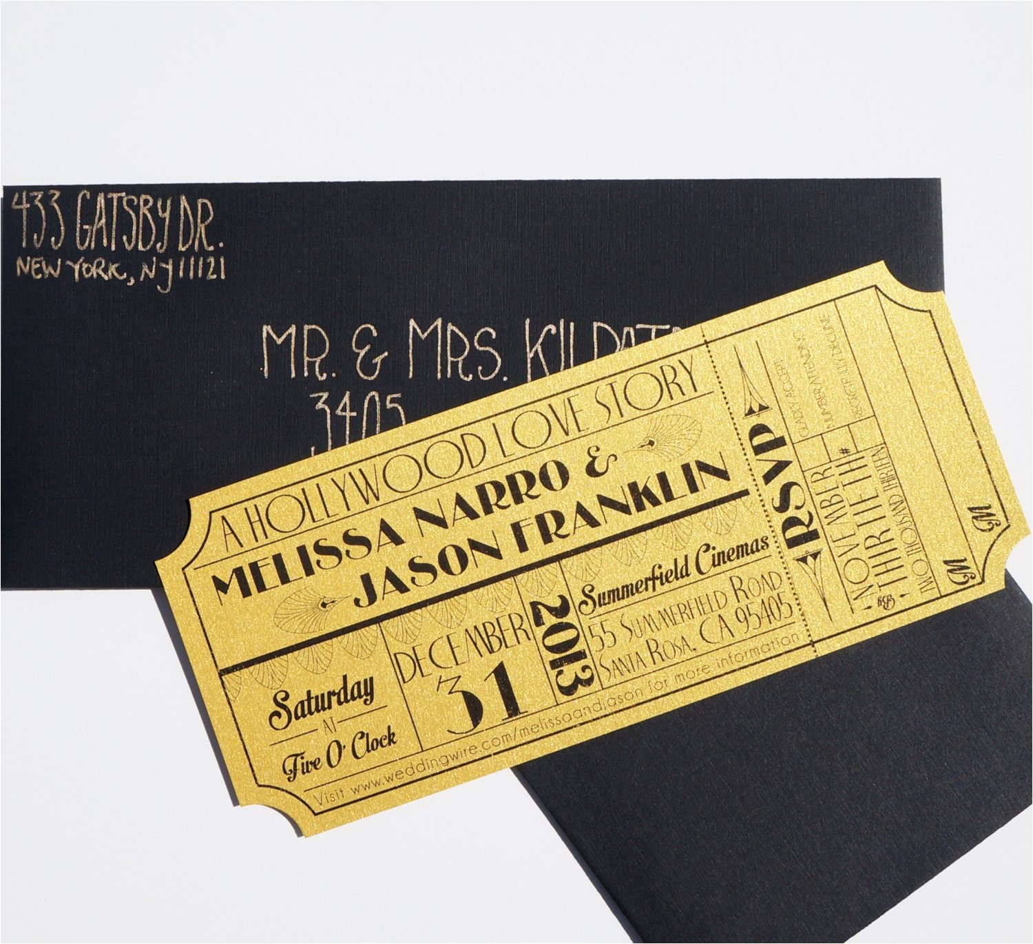 old hollywood art deco gold movie ticket