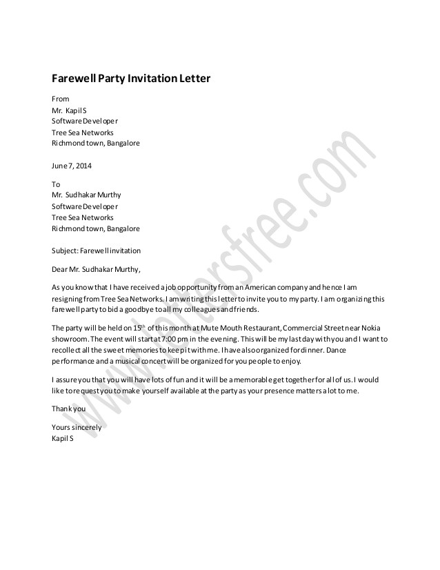 farewell party invitation letter sample