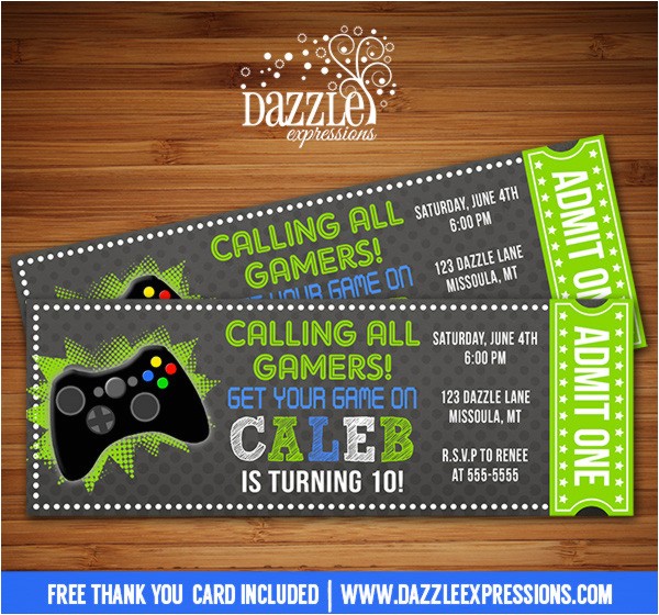 video game chalkboard ticket invitation free thank you card included