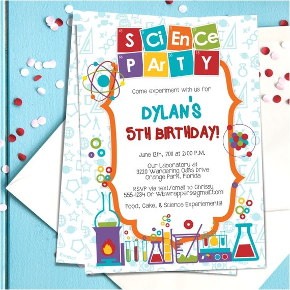 coloful science themed party invitation