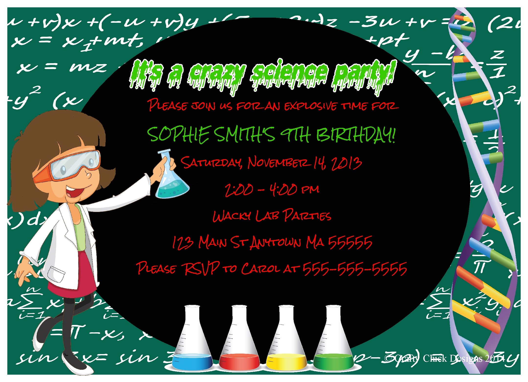 science theme birthday party invitations girl