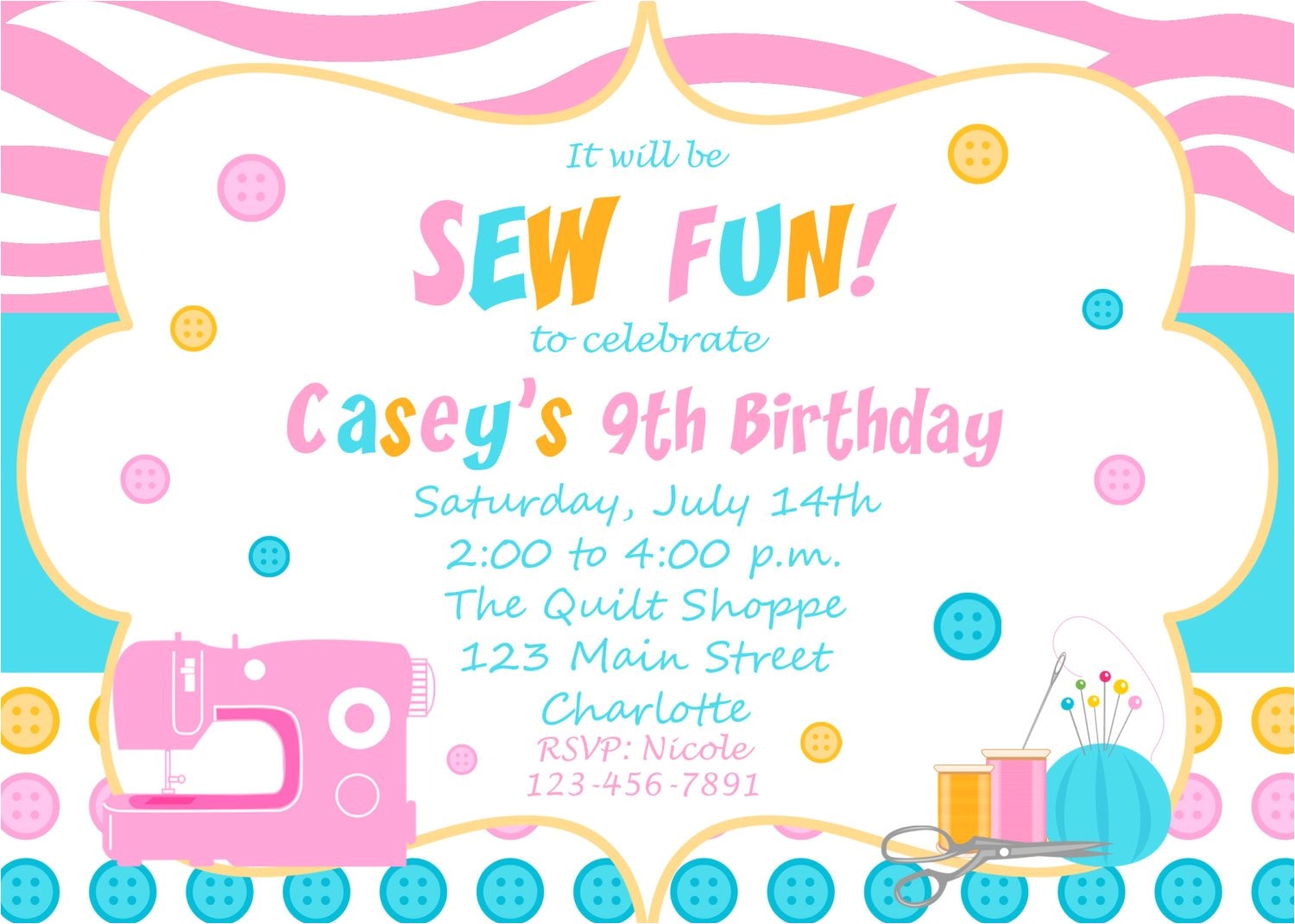sewing birthday party invitation sewing