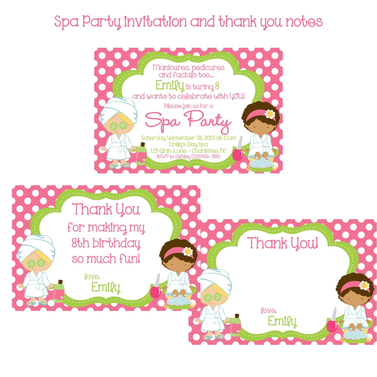 girls spa party invitation and thank you