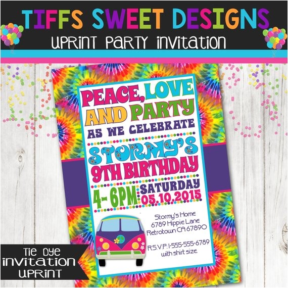 tie dye 60s hippie party invitation