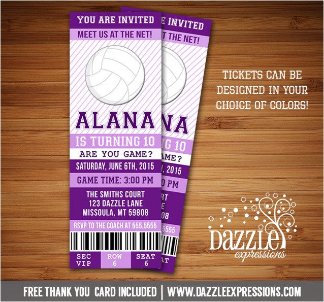 volleyball ticket birthday invitation free thank you card included