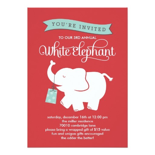 white elephant gift exchange holiday party invitation card