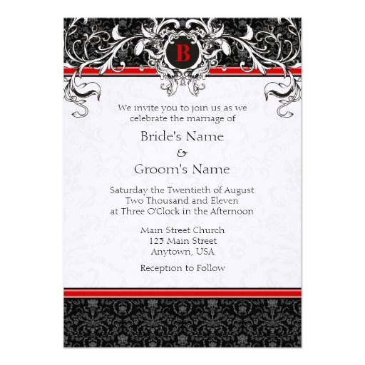 a6 red black damask monogram wedding invitations 161815377926881072