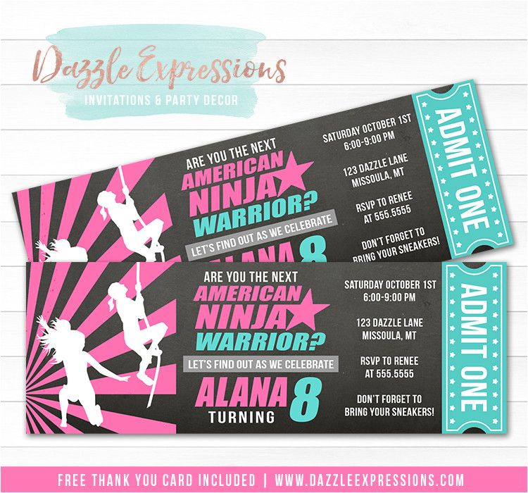 ninja warrior inspired chalkboard ticket invitation 2 free thank you card included