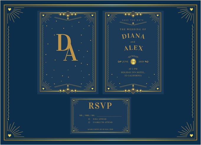 192056 elegant blue gold pack art deco wedding invitation template vector
