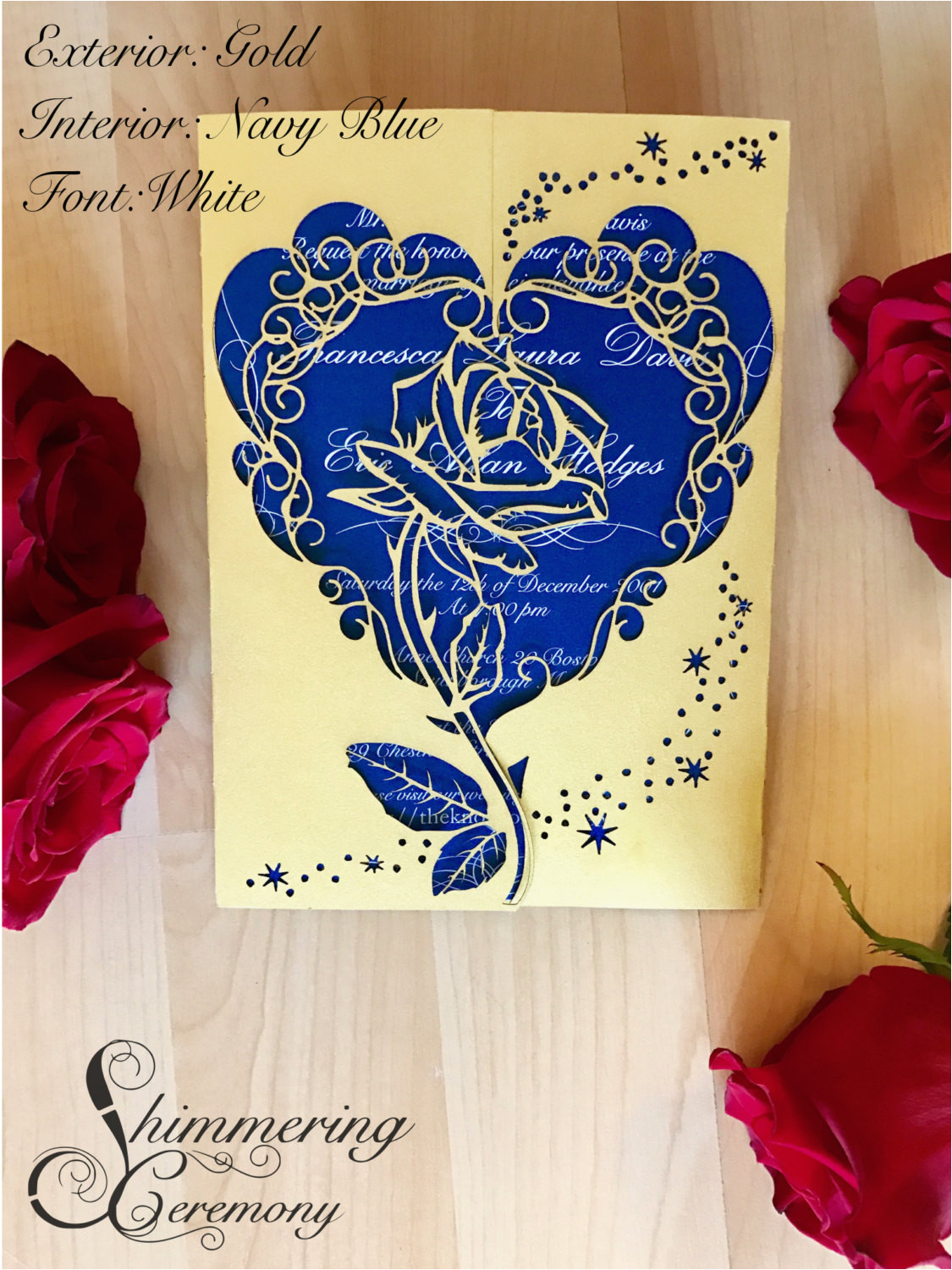 beauty and the beast inspired wedding invitation laser rose and magic cut gatefold princess party unique